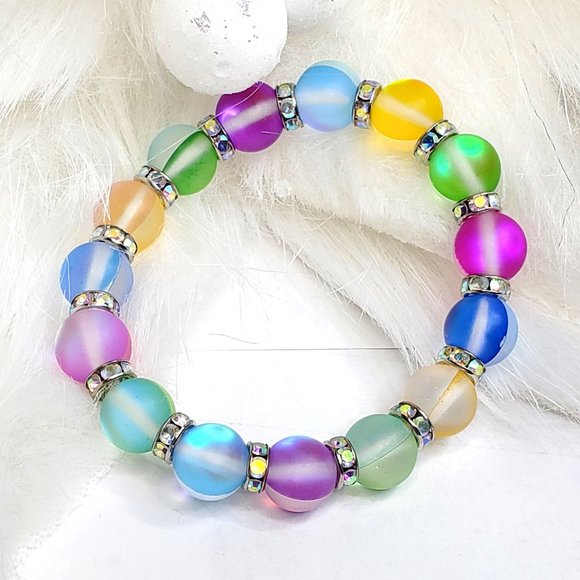 Multi Color Mat Glass Mermaid Beaded Stretch Bracelet - Picture 1 of 10